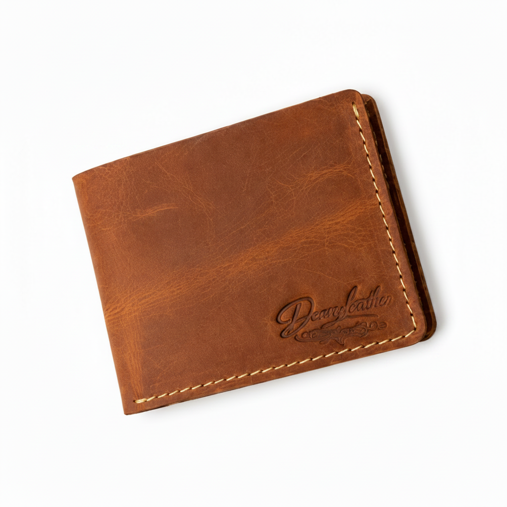 A brown leather bifold wallet with visible stitching and an embossed logo on the lower right corner, shown on a plain white background.