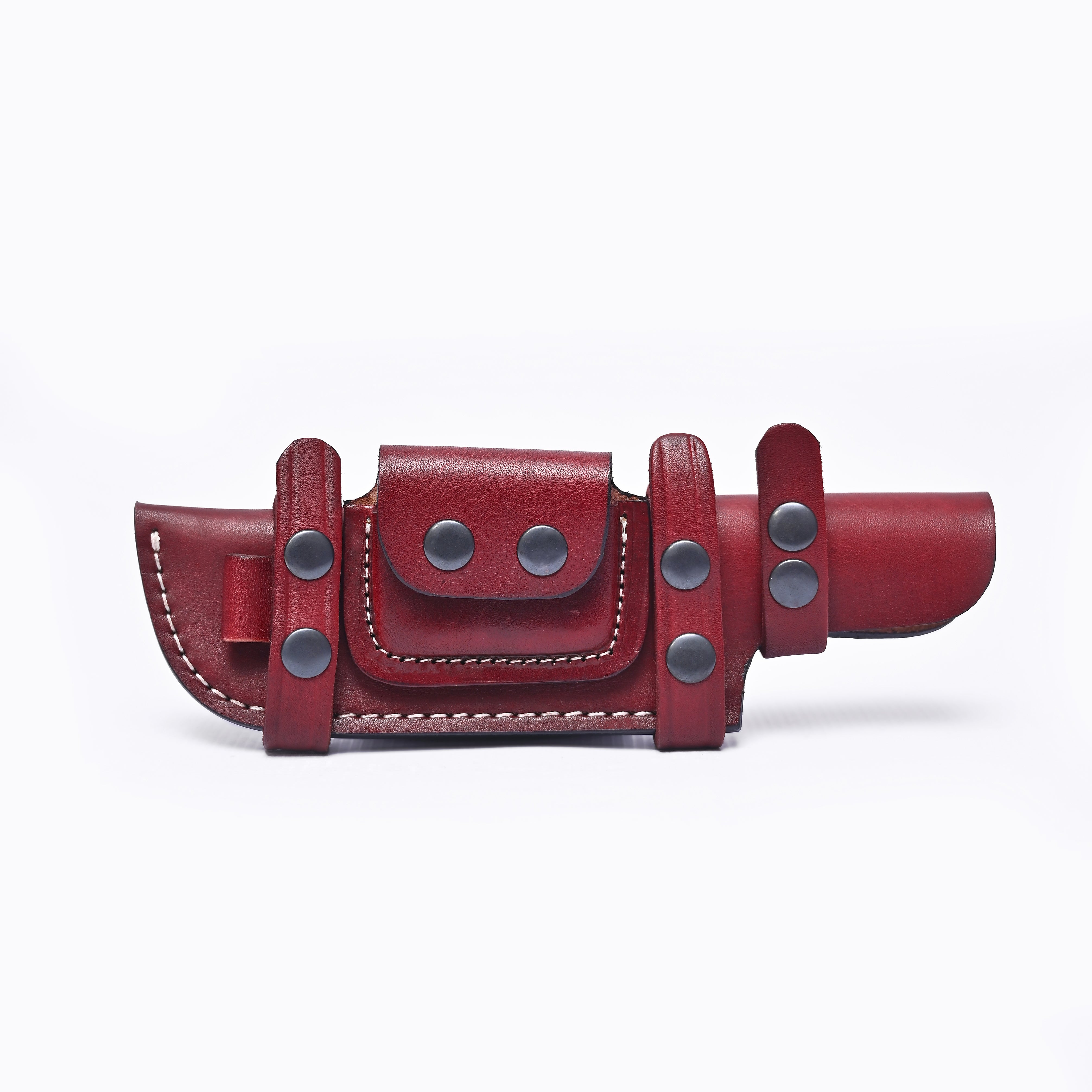 Handcrafted Leather Knife Sheath with Utility Pouch – Burgundy