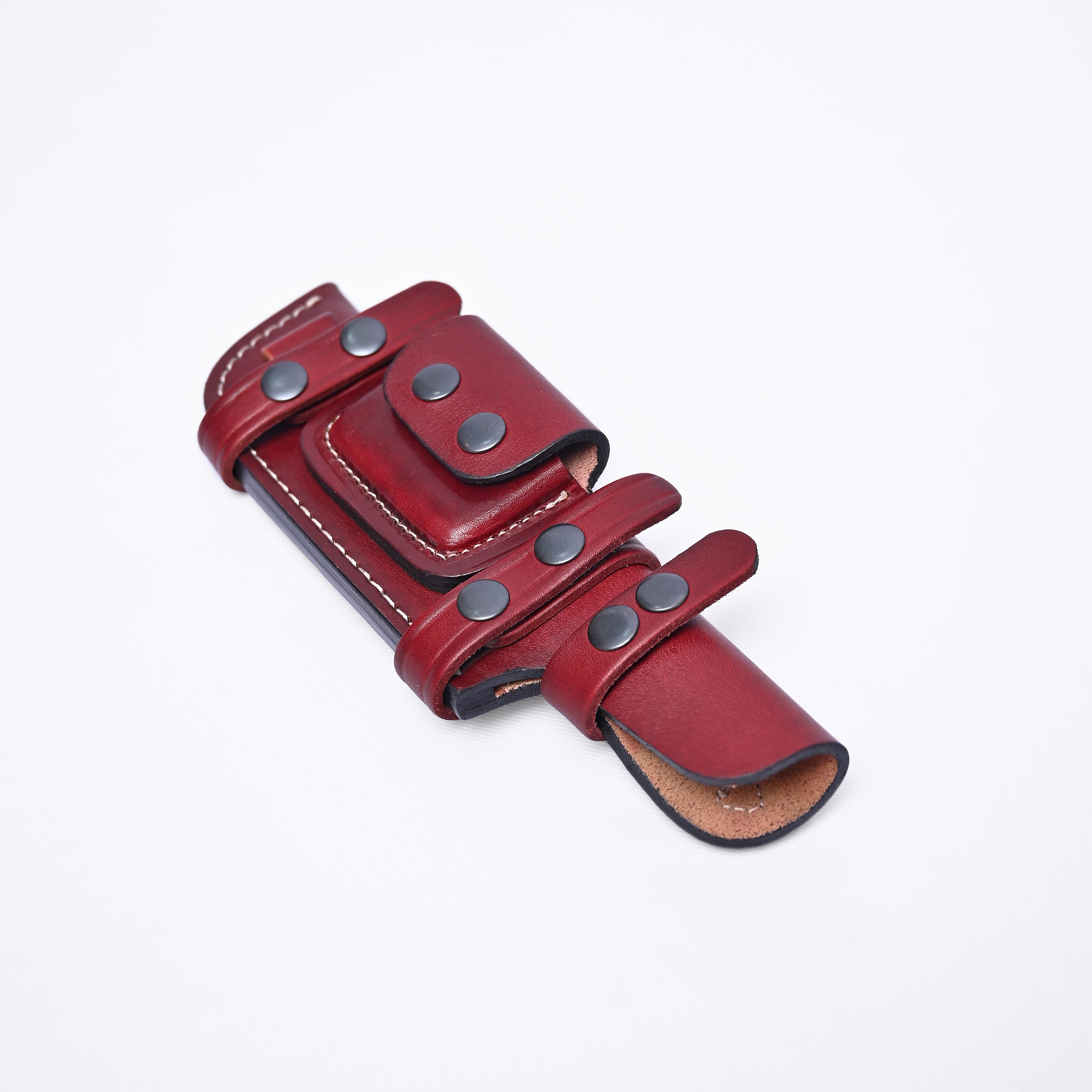 Handcrafted Leather Knife Sheath with Utility Pouch – Burgundy