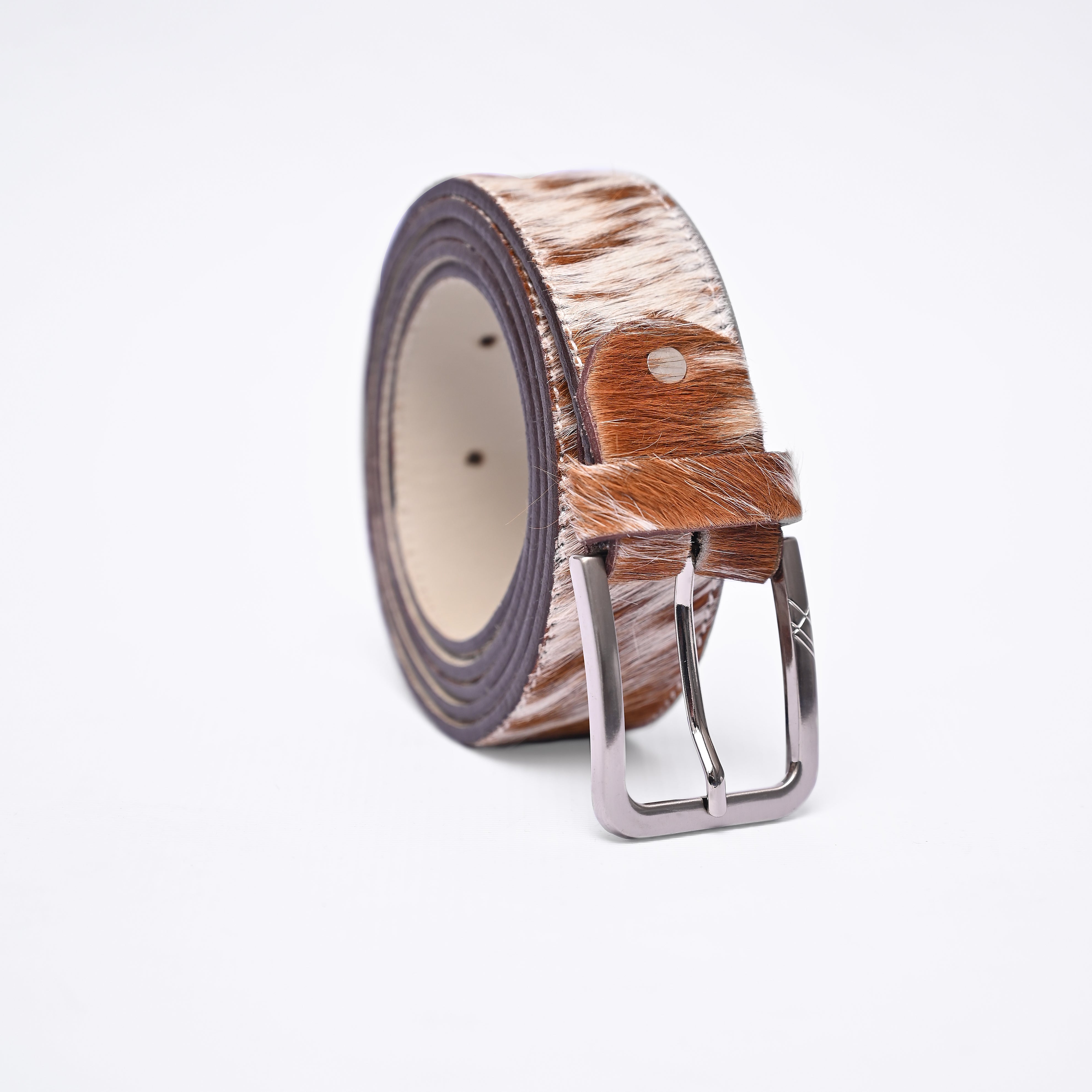 Handcrafted Hair-On Cowhide Leather Belt – Brown & White