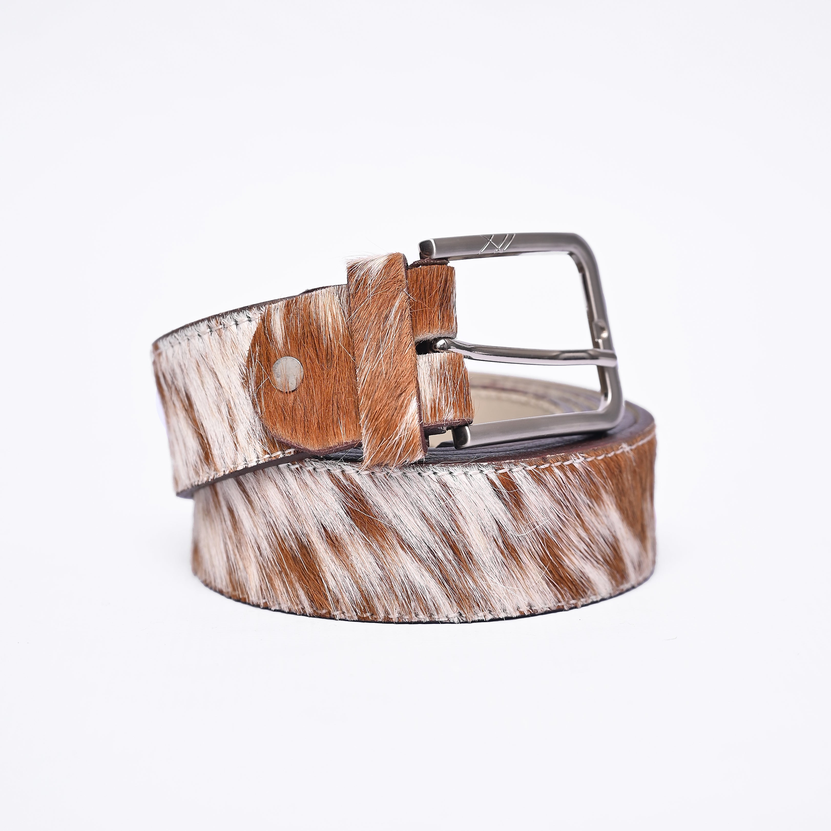 Handcrafted Hair-On Cowhide Leather Belt – Brown & White