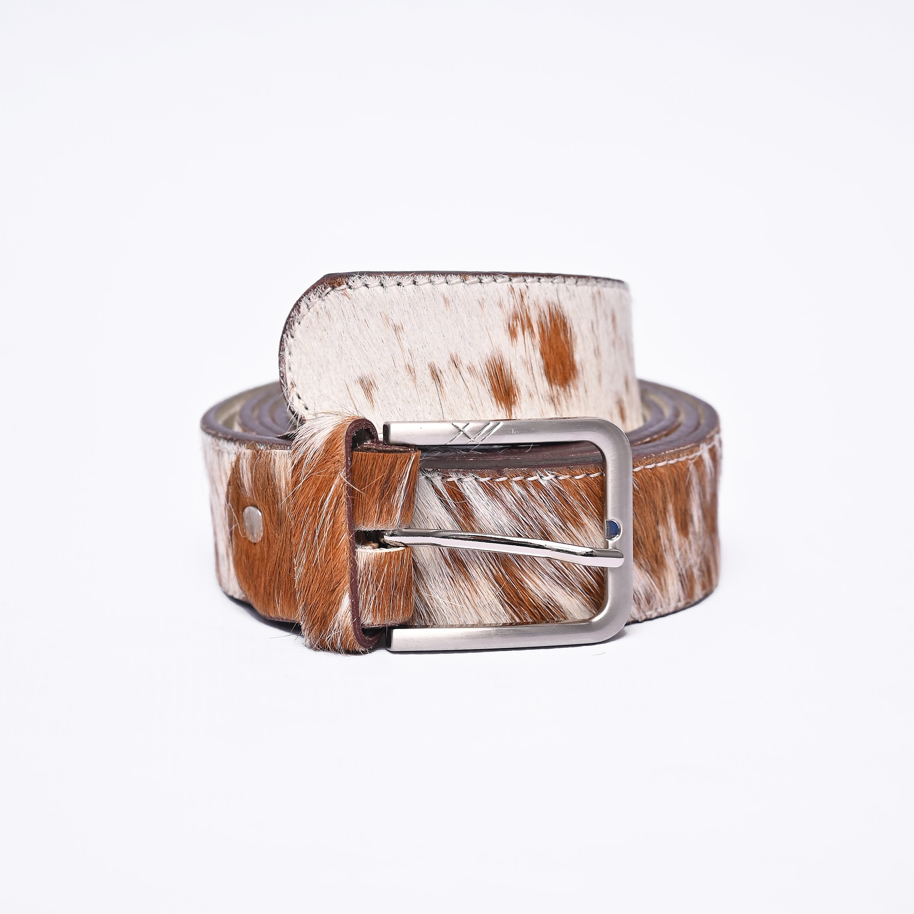 Handcrafted Hair-On Cowhide Leather Belt – Brown & White