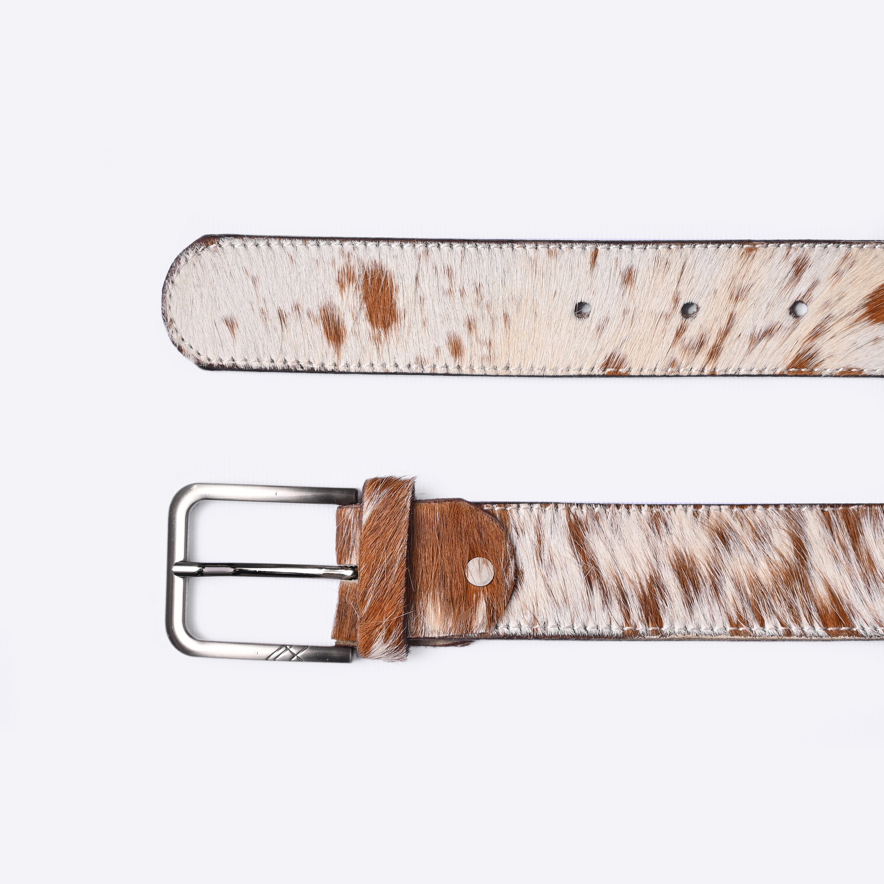 Handcrafted Hair-On Cowhide Leather Belt – Brown & White