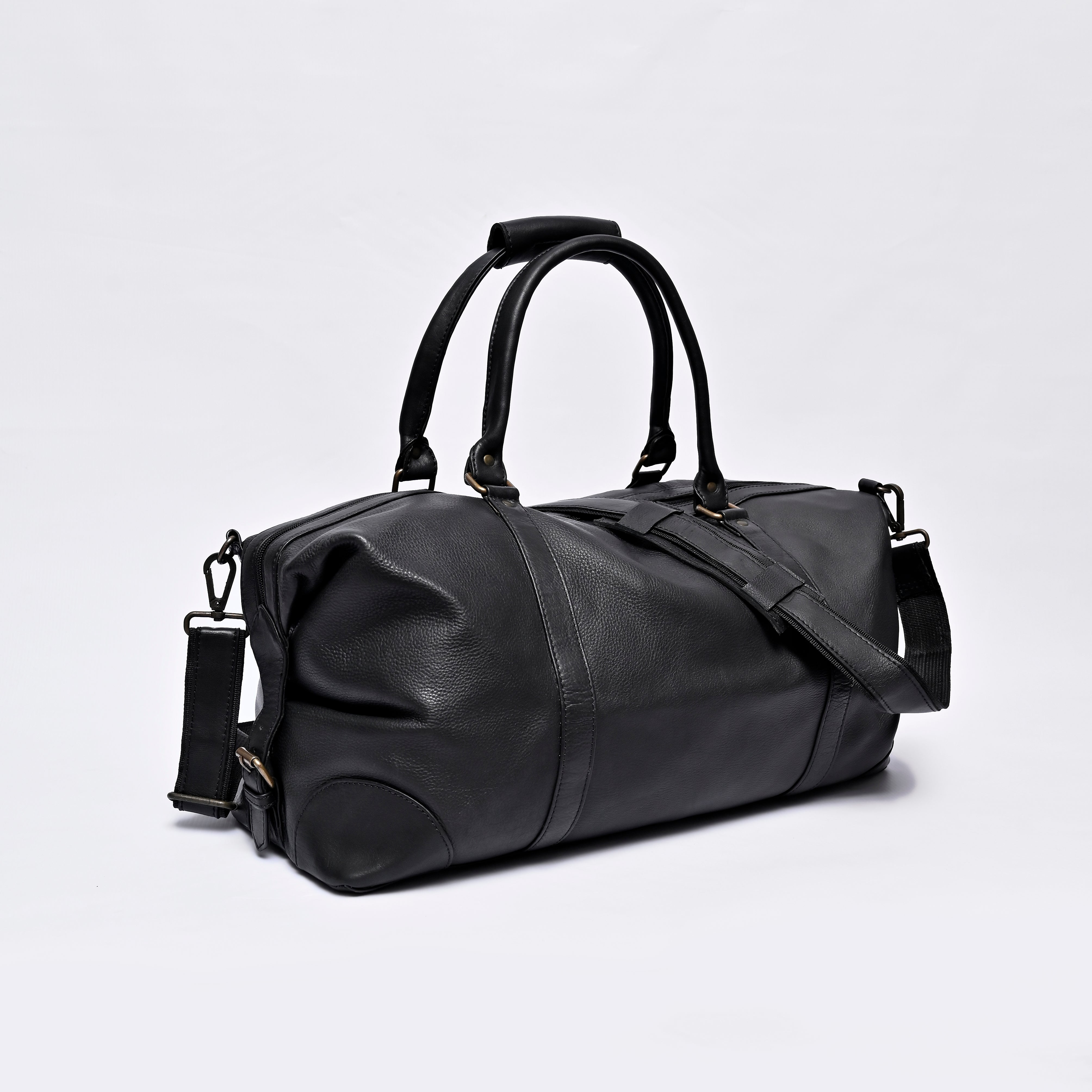 Black Full-Grain Leather Weekender Duffel Bag