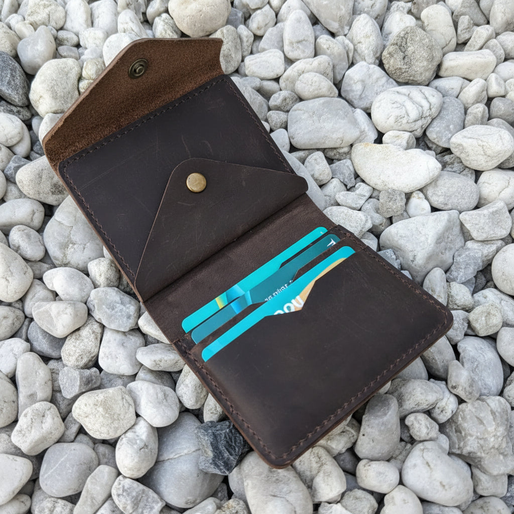 Handcrafted Genuine Leather Snap Coin Wallet – Vintage Brown Minimalist Card & Coin Pouch