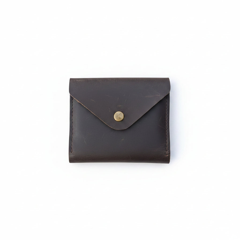 Handcrafted Genuine Leather Snap Coin Wallet – Vintage Brown Minimalist Card & Coin Pouch