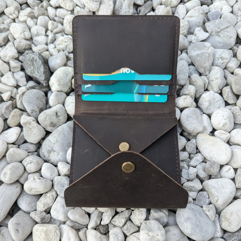 Handcrafted Genuine Leather Snap Coin Wallet – Vintage Brown Minimalist Card & Coin Pouch