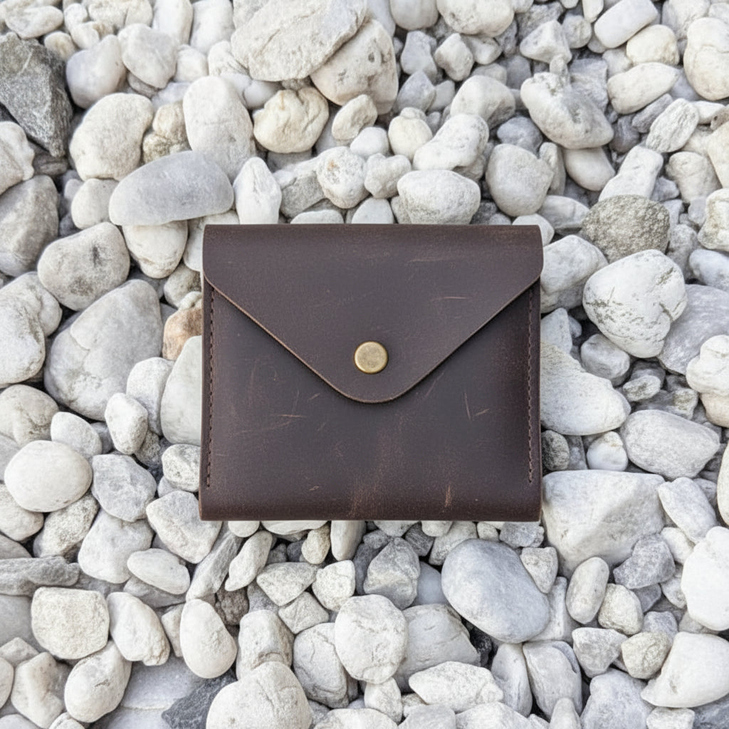 Handcrafted Genuine Leather Snap Coin Wallet – Vintage Brown Minimalist Card & Coin Pouch