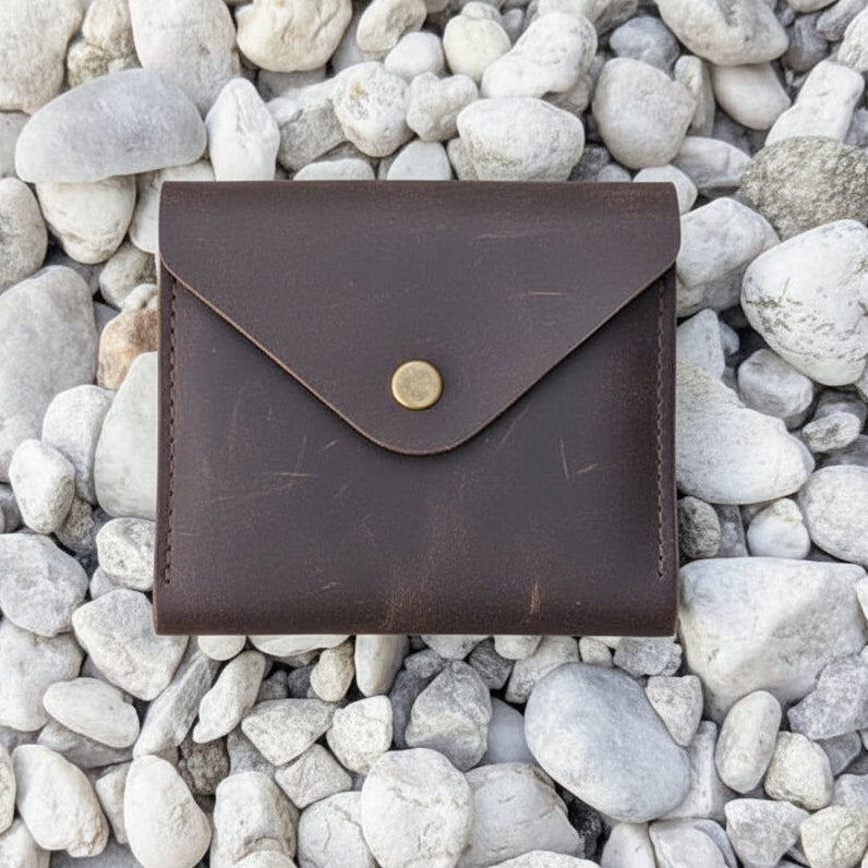 Douro Leather Snap Button Wallet  – Vintage Brown Minimalist Card & Coin Pouch