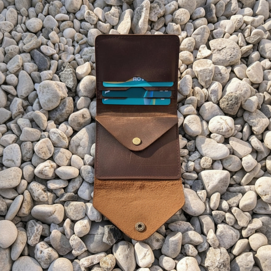 Handcrafted Genuine Leather Snap Coin Wallet – Vintage Brown Minimalist Card & Coin Pouch