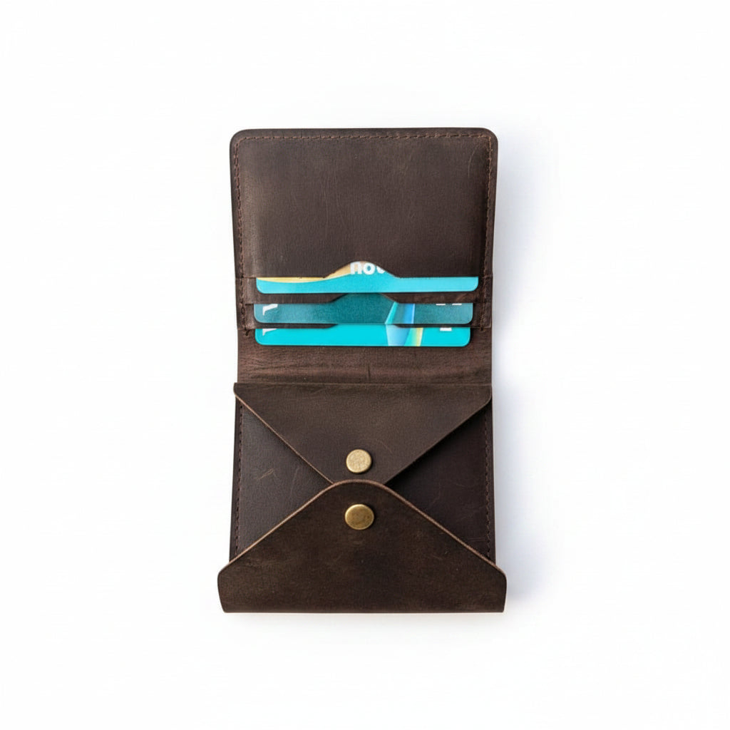 Handcrafted Genuine Leather Snap Coin Wallet – Vintage Brown Minimalist Card & Coin Pouch