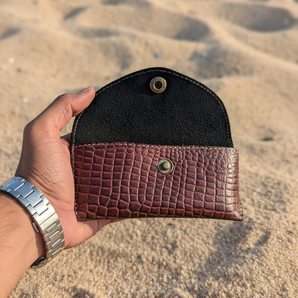 Handcrafted Crocodile Embossed Leather Glasses Case – Vintage Brown Eyewear Holder