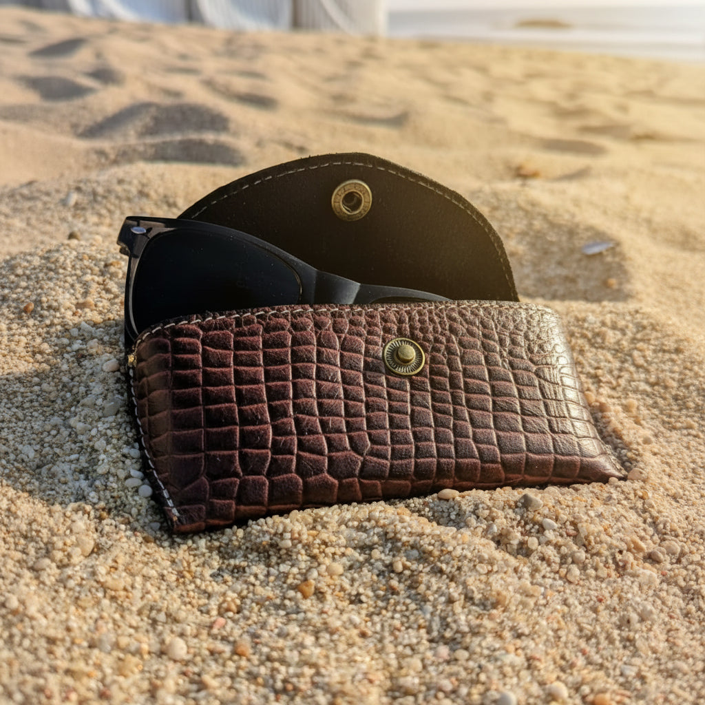 Handcrafted Crocodile Embossed Leather Glasses Case – Vintage Brown Eyewear Holder
