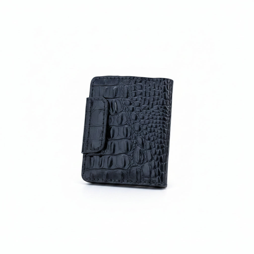 Handcrafted Crocodile Embossed Genuine Leather Bifold Wallet – Black Minimalist Card Wallet