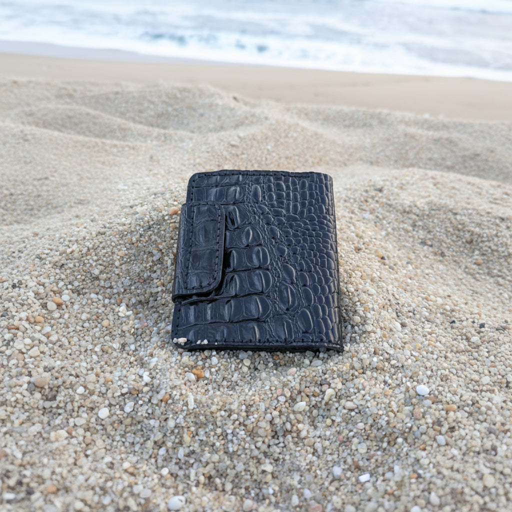 Handcrafted Crocodile Embossed Genuine Leather Bifold Wallet – Black Minimalist Card Wallet