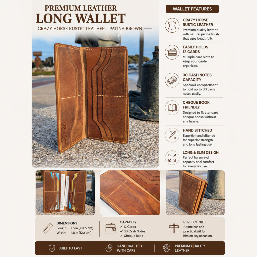 Handcrafted Crazy Horse Leather Long Wallet | Echtes Leder & Handgemaakt 🪵