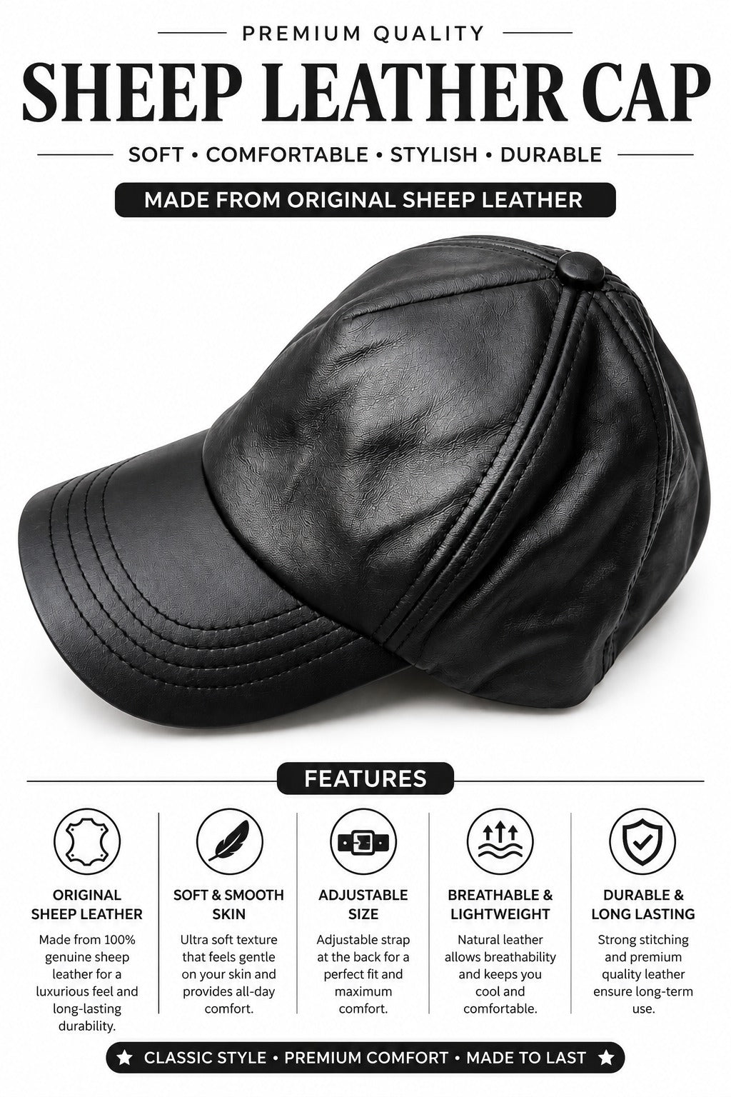 Premium Genuine Sheepskin Cap – Custom Fit Brass Buckle Strap 🖤