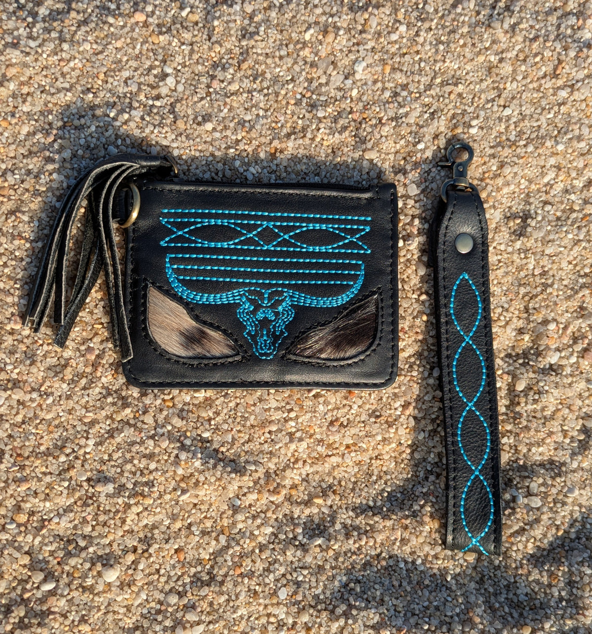 Handmade Cowhide Card & Coin Wallet with Leather Wrist Strap