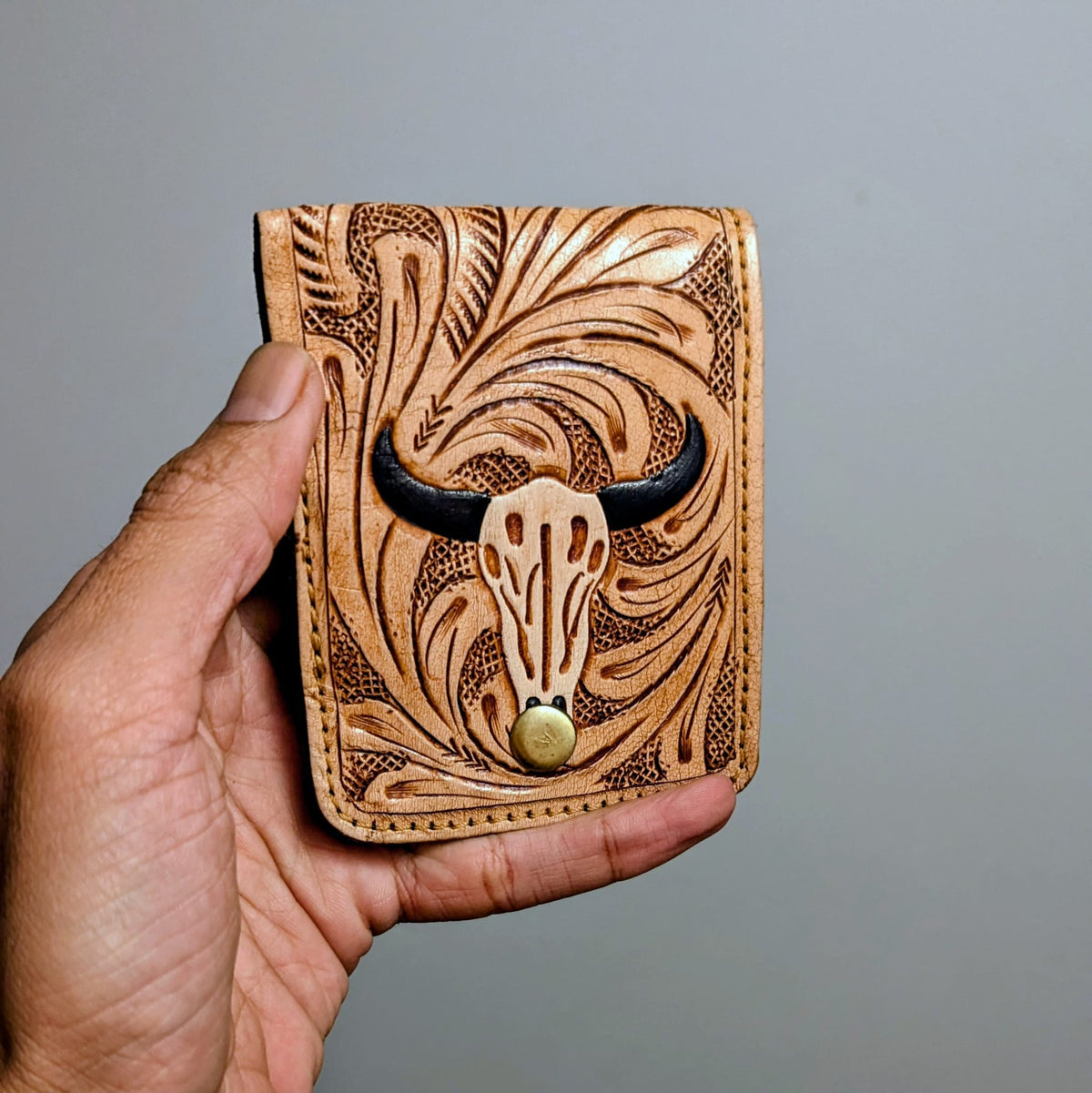 Handmade Western Bull Horn Tooled Leather Wallet - Douro Leather
