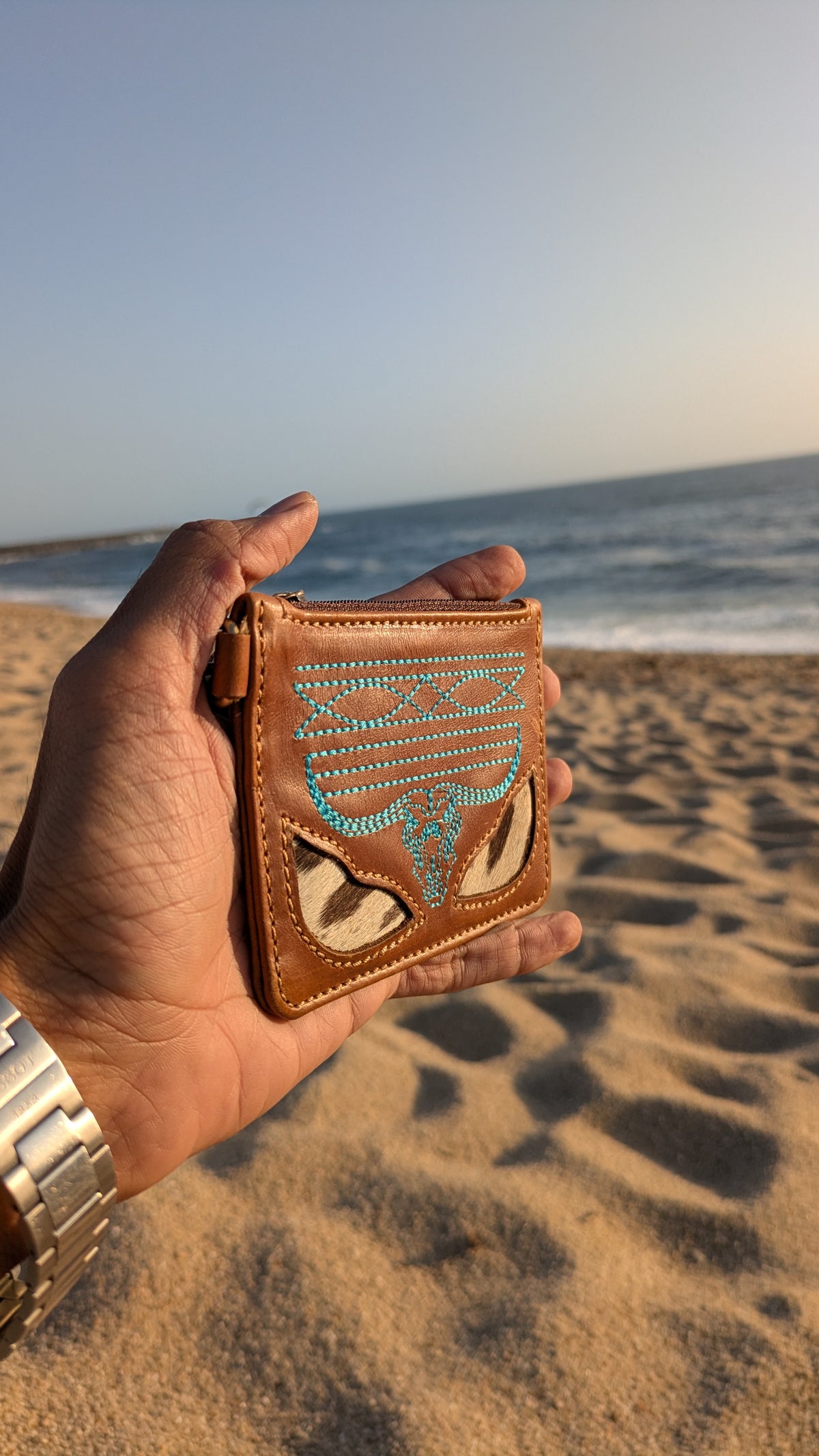 Handmade Cowhide Card & Coin Wallet with Leather Wrist Strap
