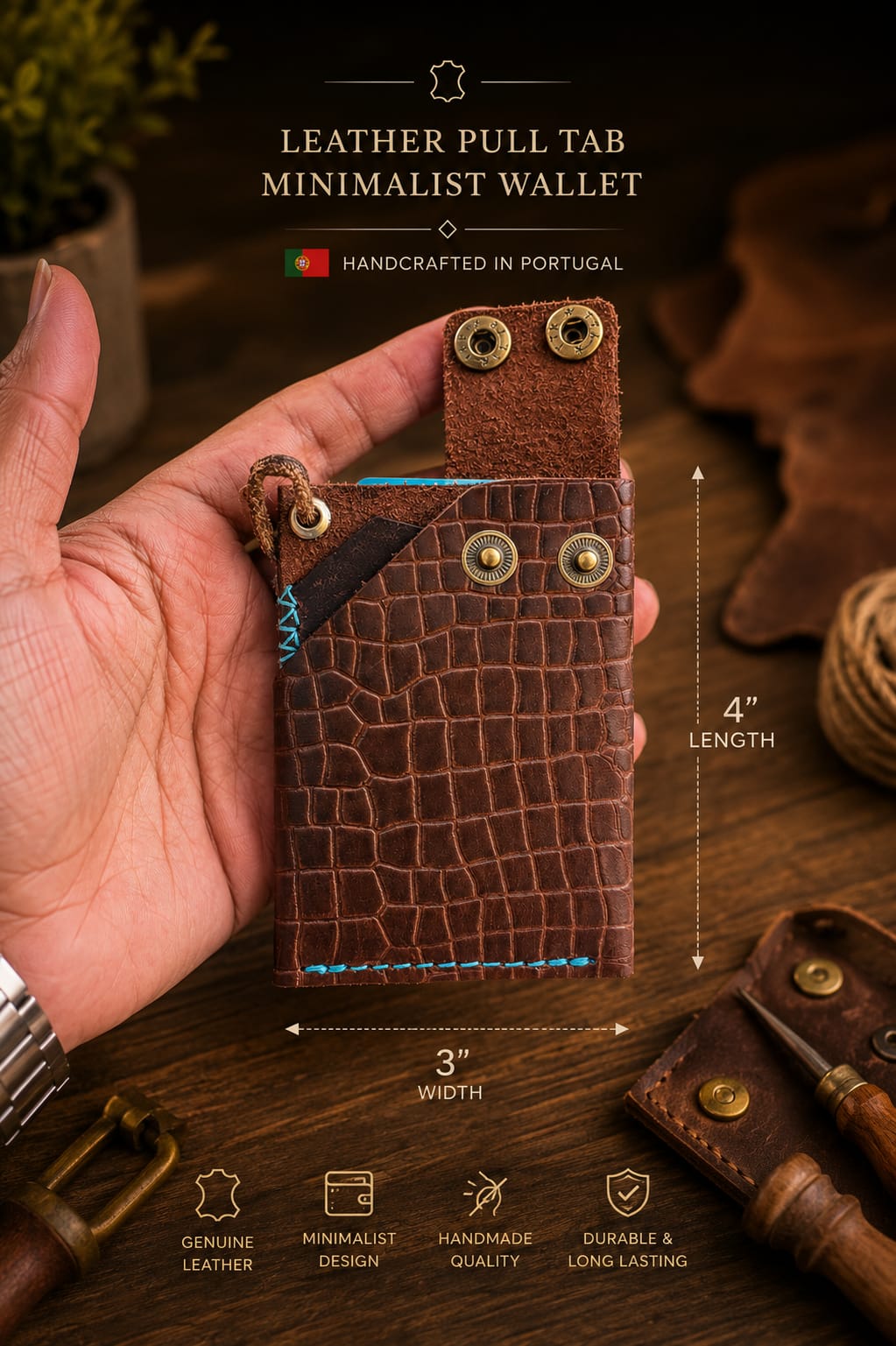 Douro Leather Croco Embossed Pull tab Minimalist Pocket Size Wallet.