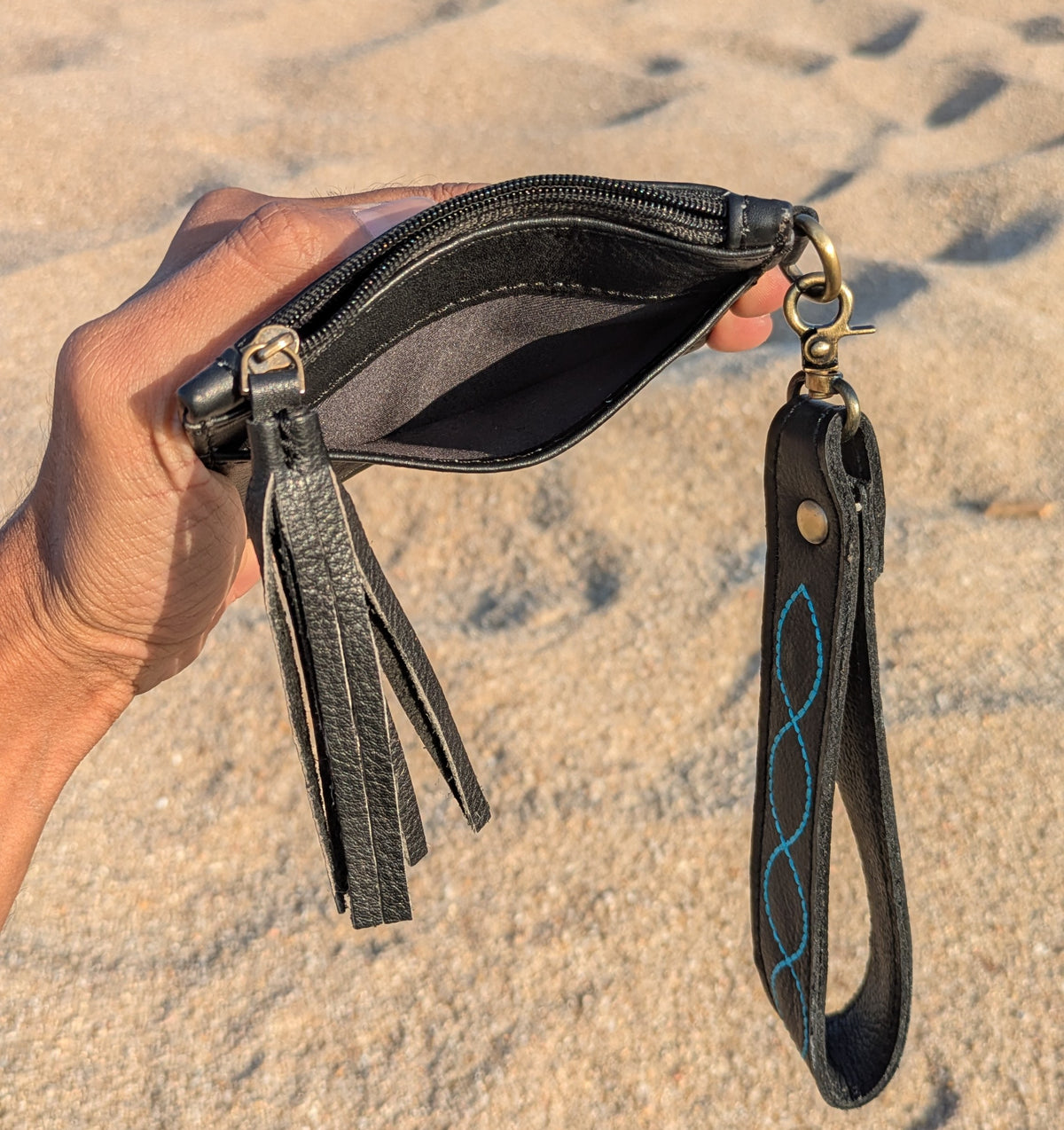 Handmade Cowhide Card & Coin Wallet with Leather Wrist Strap
