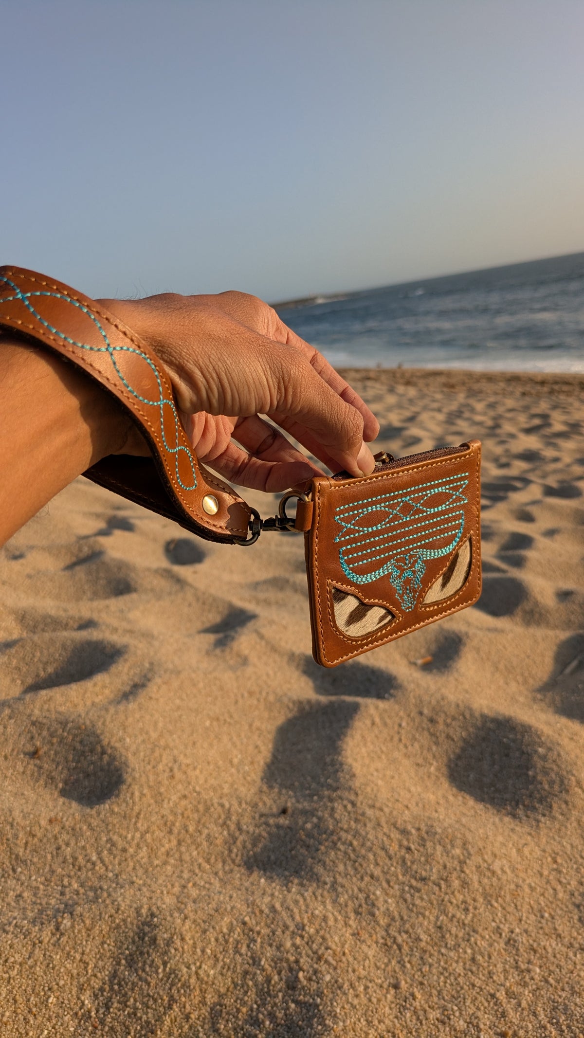 Handmade Cowhide Card & Coin Wallet with Leather Wrist Strap