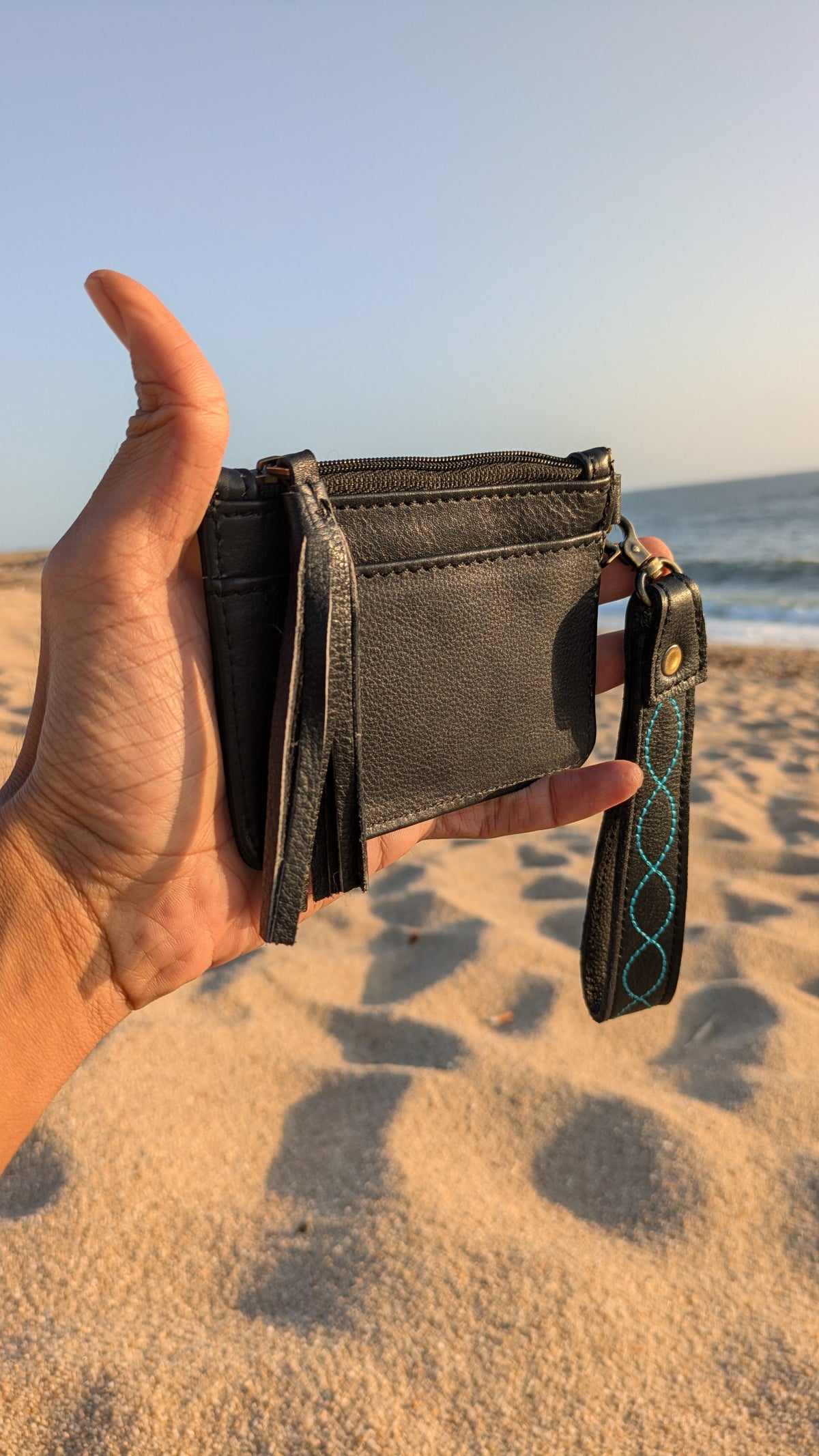 Handmade Cowhide Card & Coin Wallet with Leather Wrist Strap