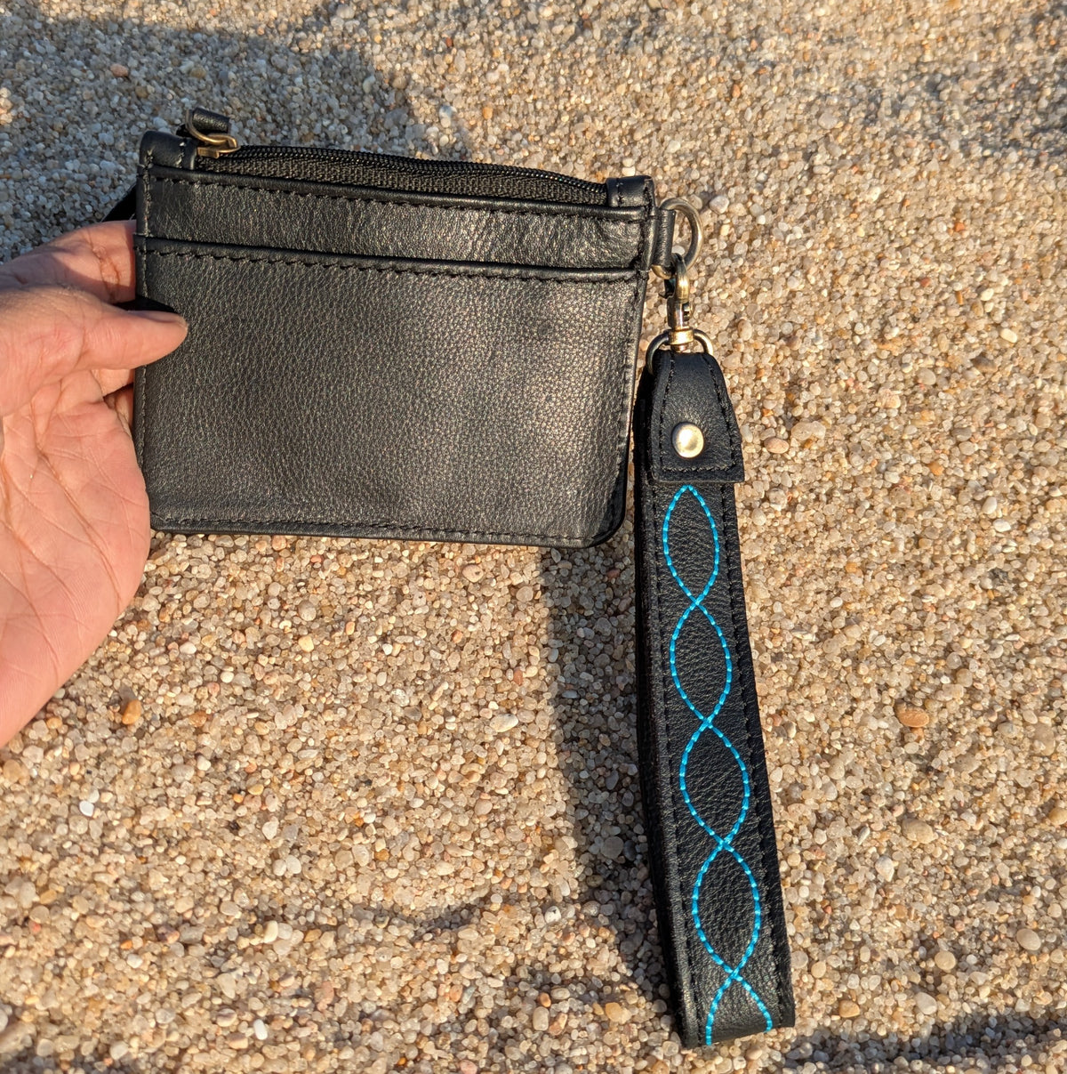 Handmade Cowhide Card & Coin Wallet with Leather Wrist Strap