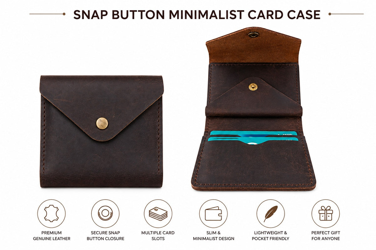 Douro Leather Snap Button Wallet  – Vintage Brown Minimalist Card & Coin Pouch