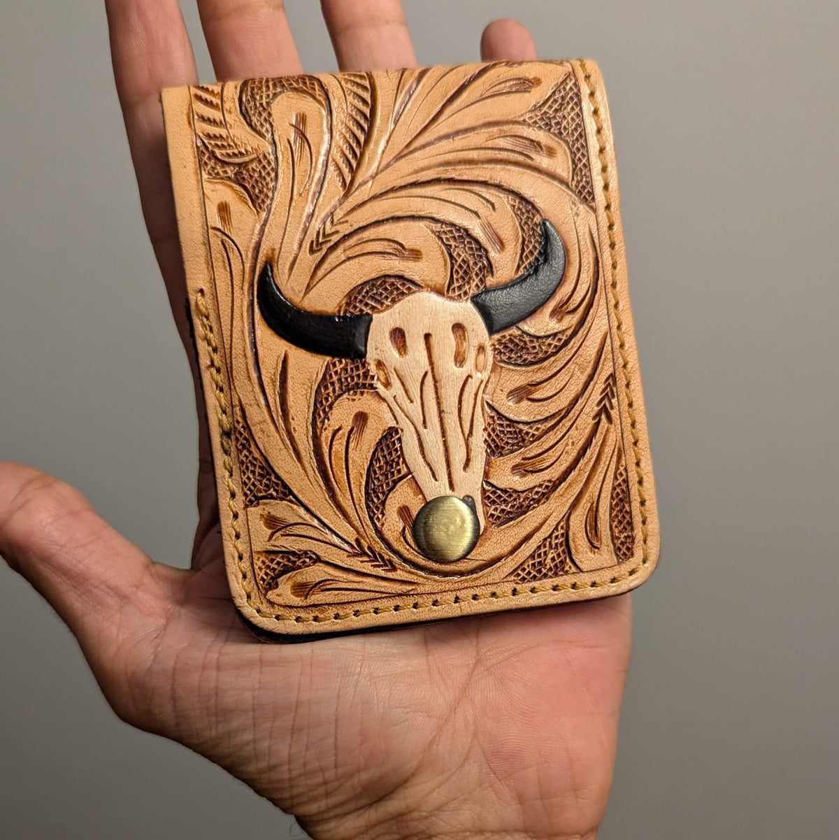 Handmade Western Bull Horn Tooled Leather Wallet - Douro Leather