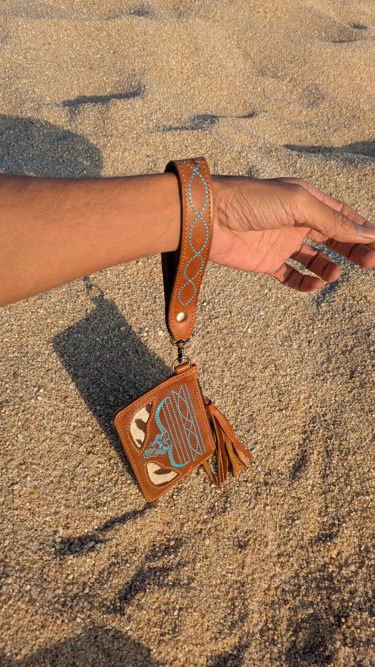 Handmade Cowhide Card & Coin Wallet with Leather Wrist Strap