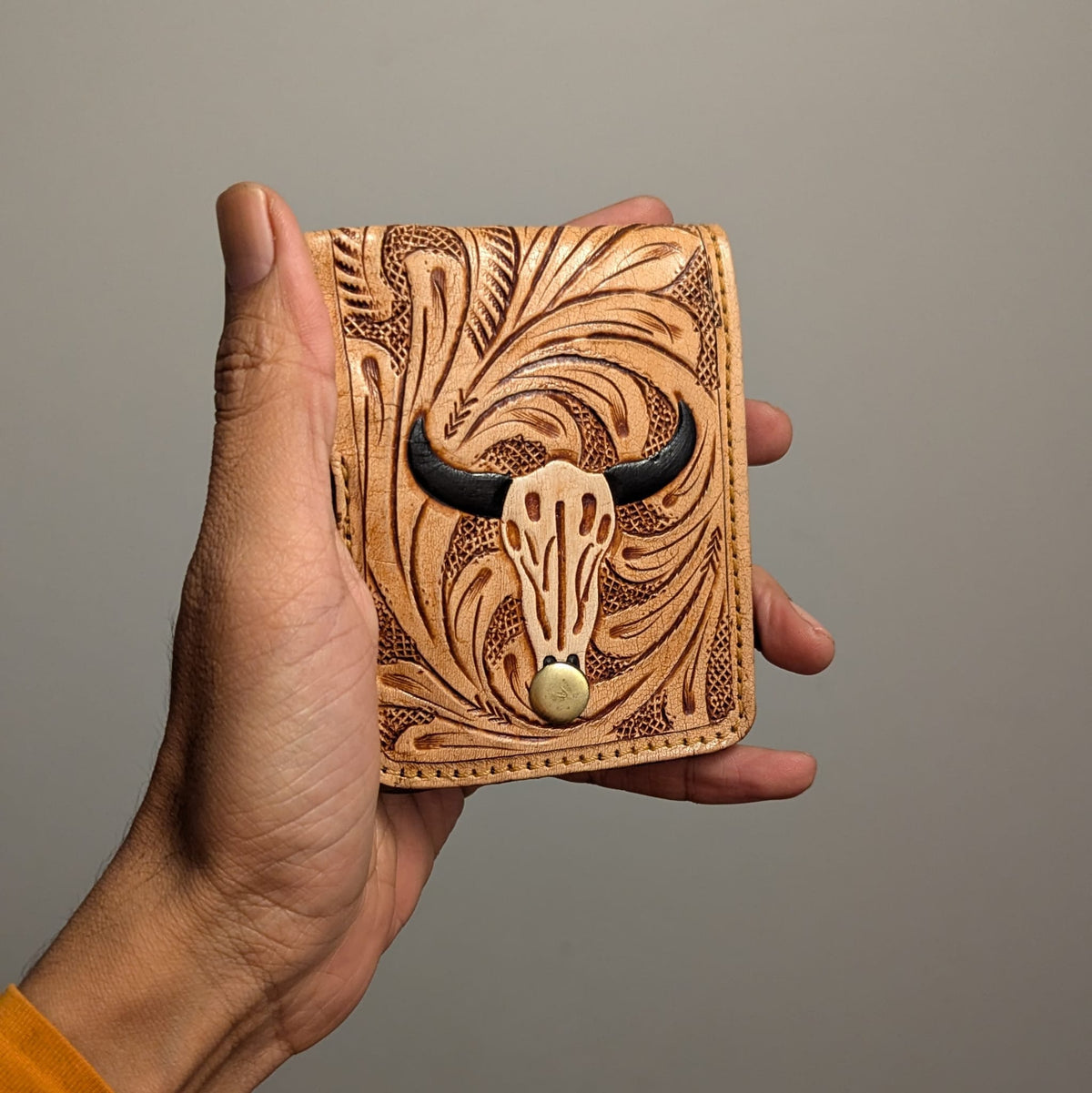 Handmade Western Bull Horn Tooled Leather Wallet - Douro Leather