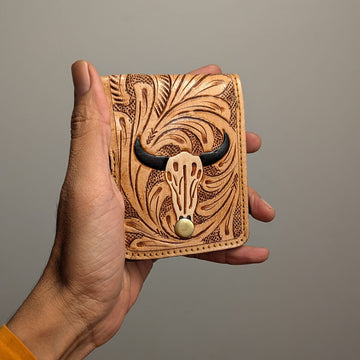 Handmade Western Bull Horn Tooled Leather Wallet - Douro Leather