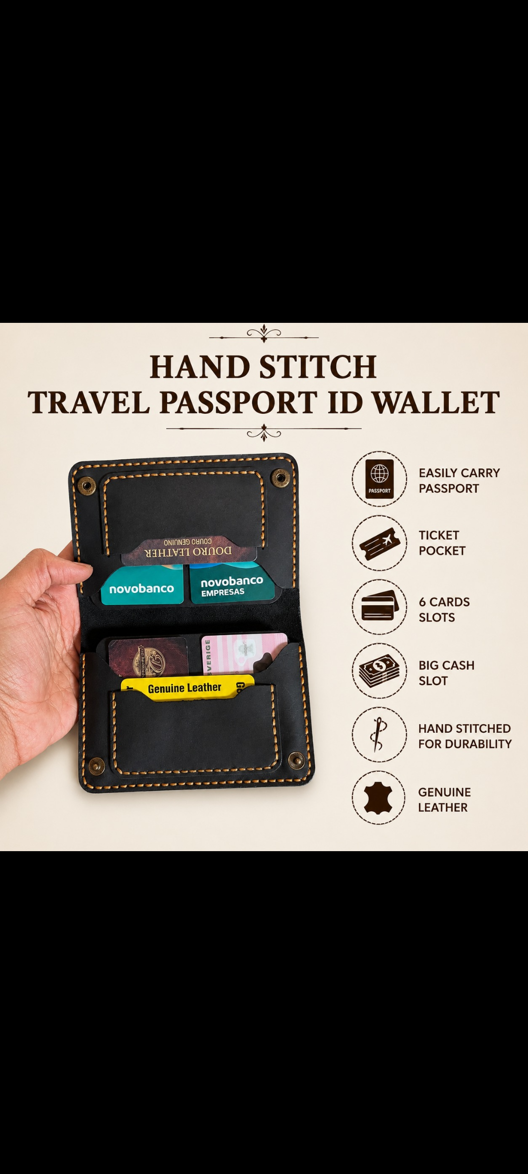 Saddle Stitched Black Leather Travel Wallet & Passport I'd Holder
