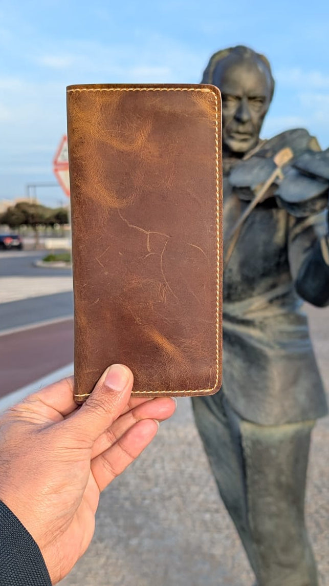 Distressed Genuine Leather Bifold Long Wallet - Premium Card & Cash organizer.