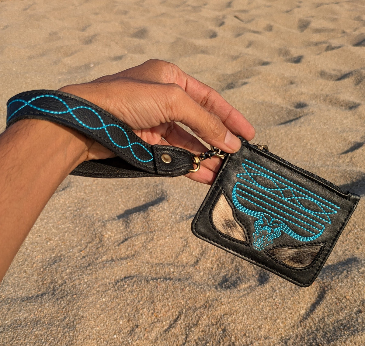 Handmade Cowhide Card & Coin Wallet with Leather Wrist Strap