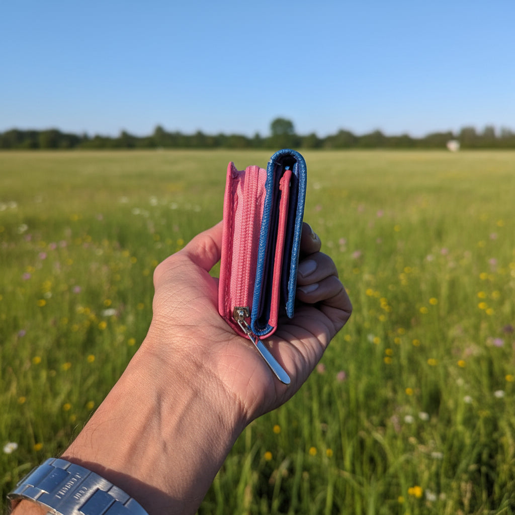 Blue and pink leather wallet